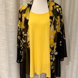 SUSAN GRAVER Yellow Tank Top & Floral Kimono Cardigan Set Women's‎ Size L